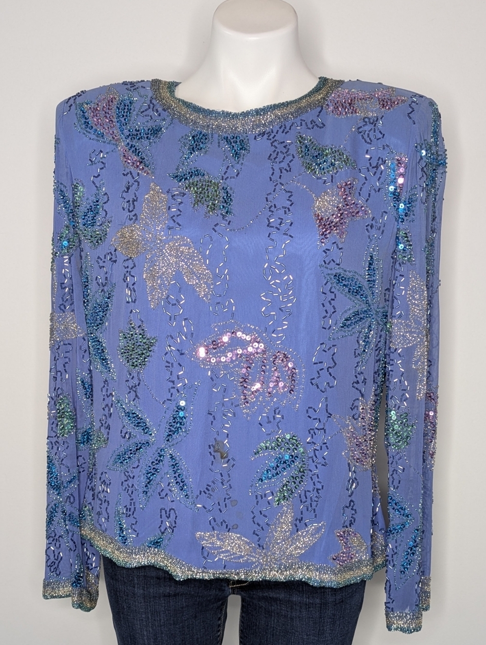 Vintage Nite Line Blue Fully Beaded Silk Blouse 16